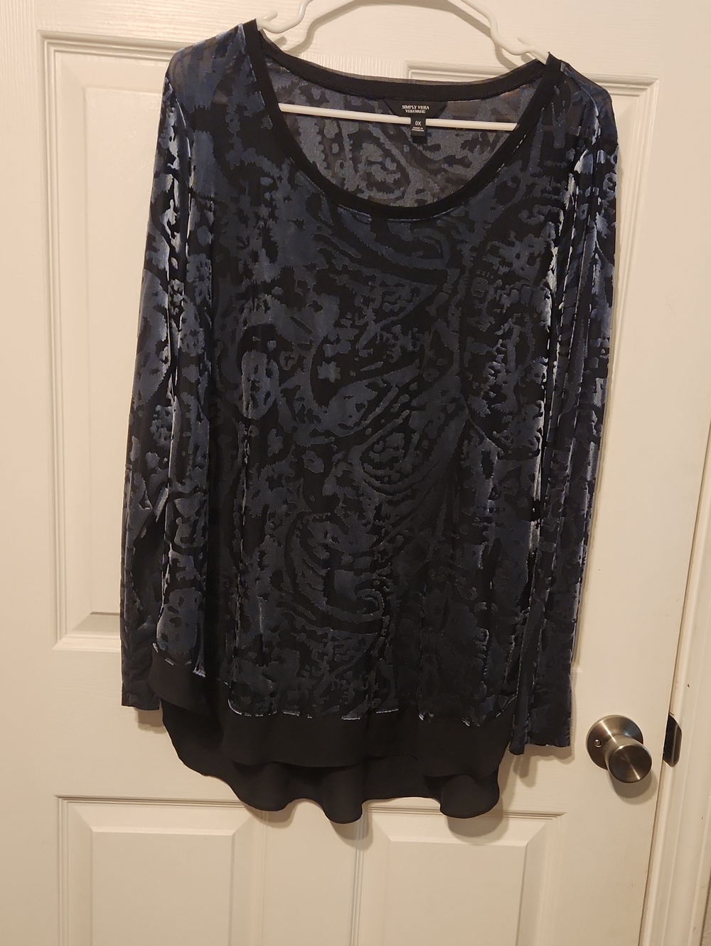 Simply Vera - Blue and Black Velvet Burnout Long-Sleeve Scoop Neck Top